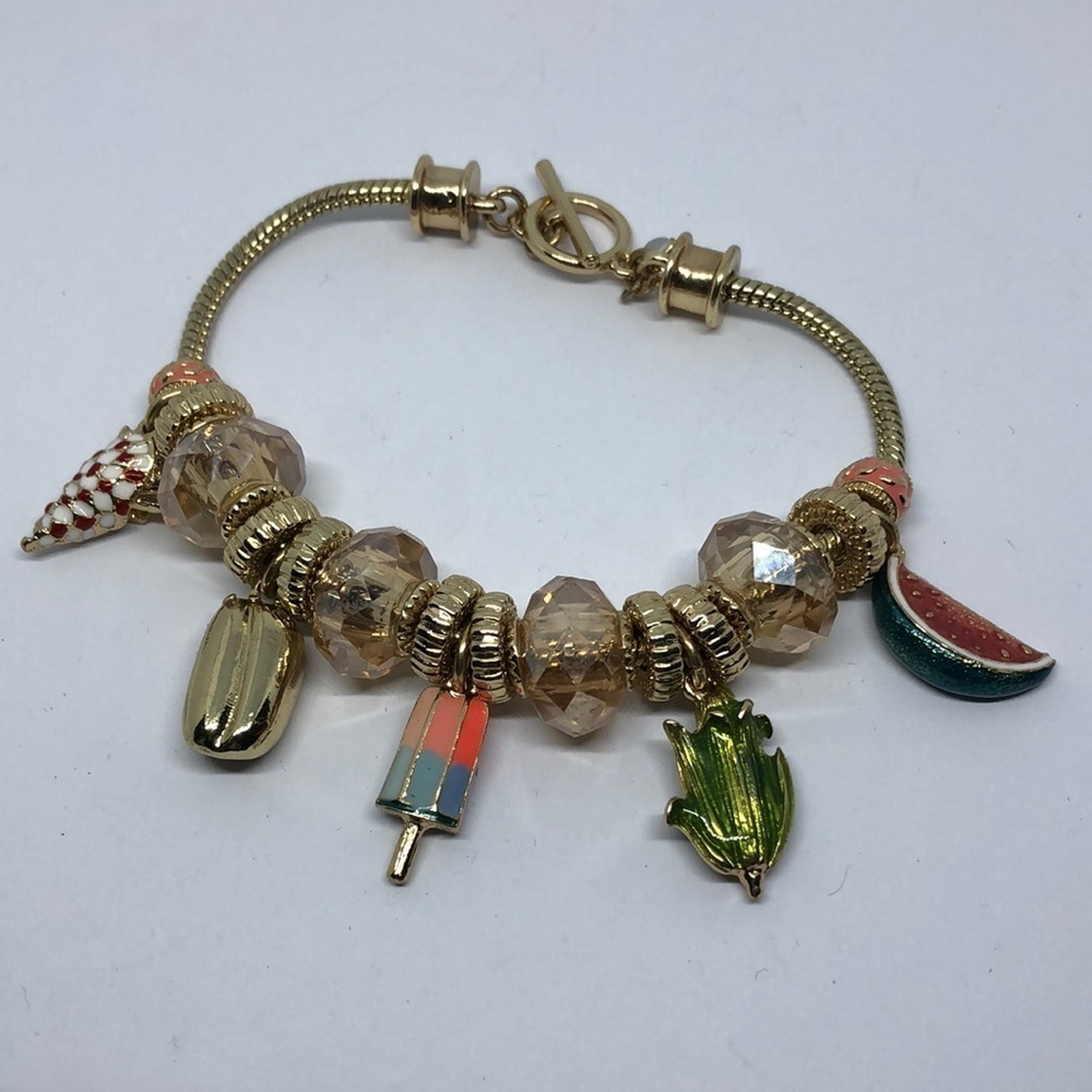 Gold tone summer fun slider charm bracelet gold tone, costume jewelry.